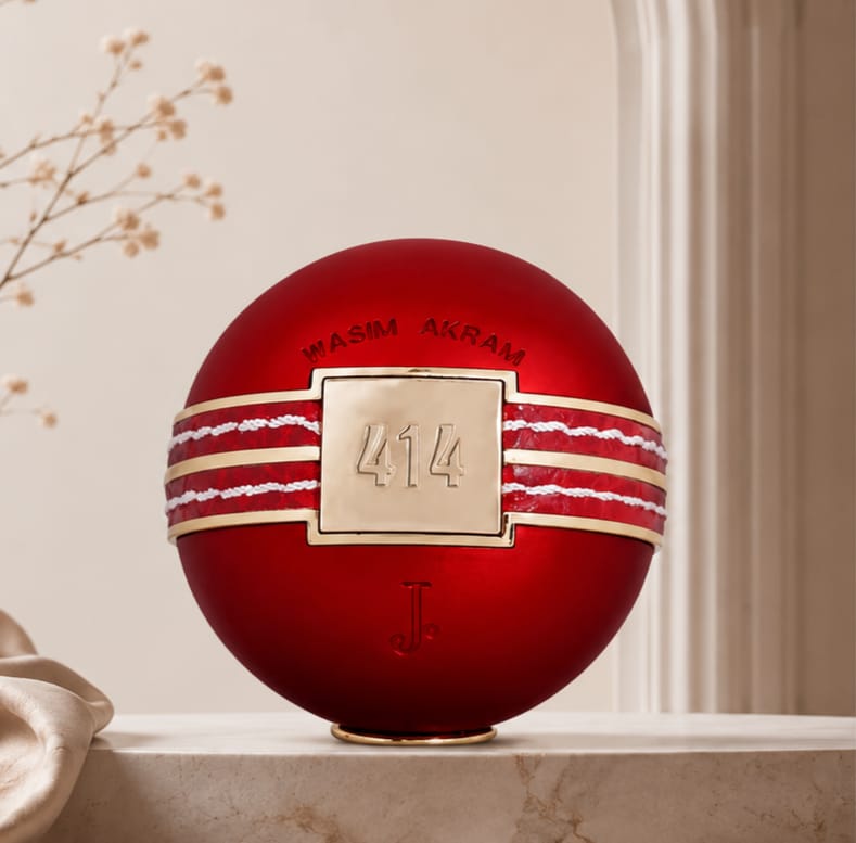 Waseem Akram 414 personalized premium decorative cricket ball with custom name tag design in red and gold finish, available.