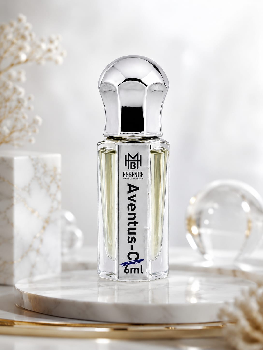 Aventus C premium perfume oil 6ml in elegant crystal style bottle with luxury white background.