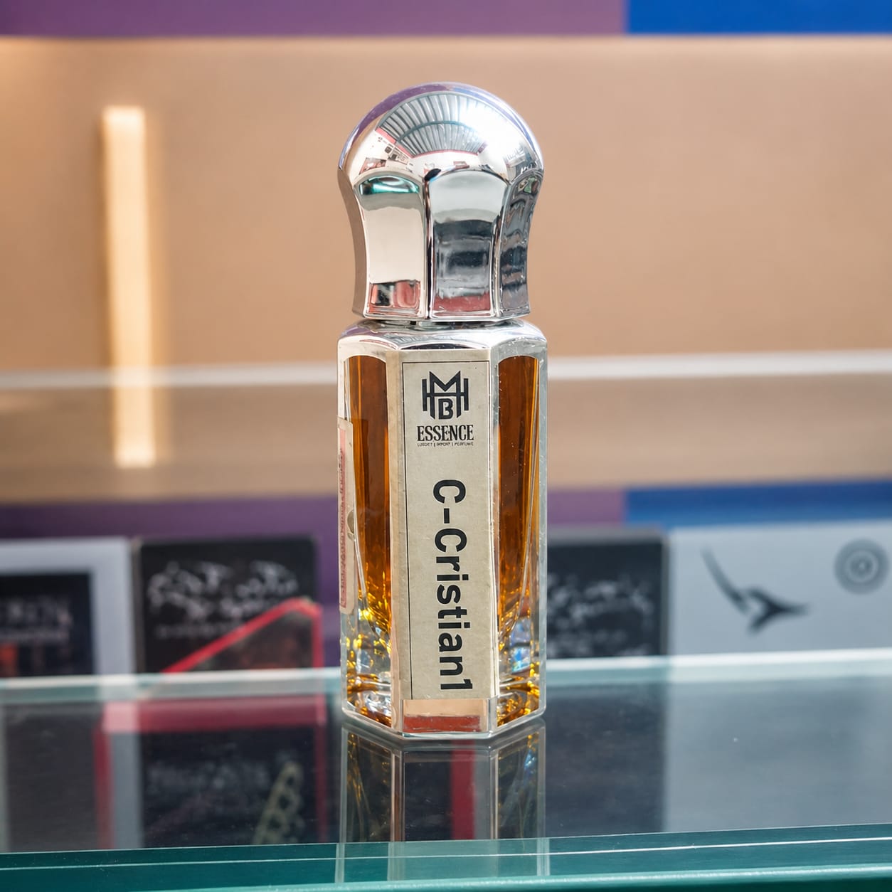 C Cristian premium perfume oil 6ml in elegant crystal style bottle with luxury background.