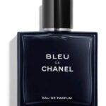 Bleu De Chanel Eau De Parfum men’s perfume bottle in dark blue glass with black cap.