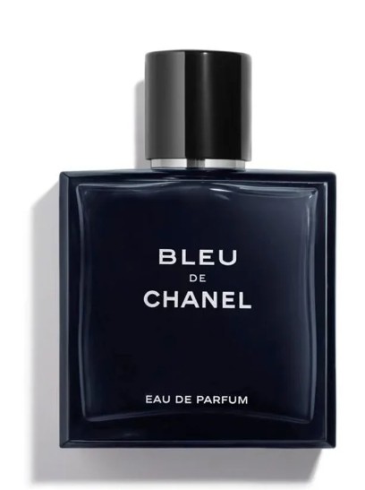 Bleu De Chanel Eau De Parfum men’s perfume bottle in dark blue glass with black cap.