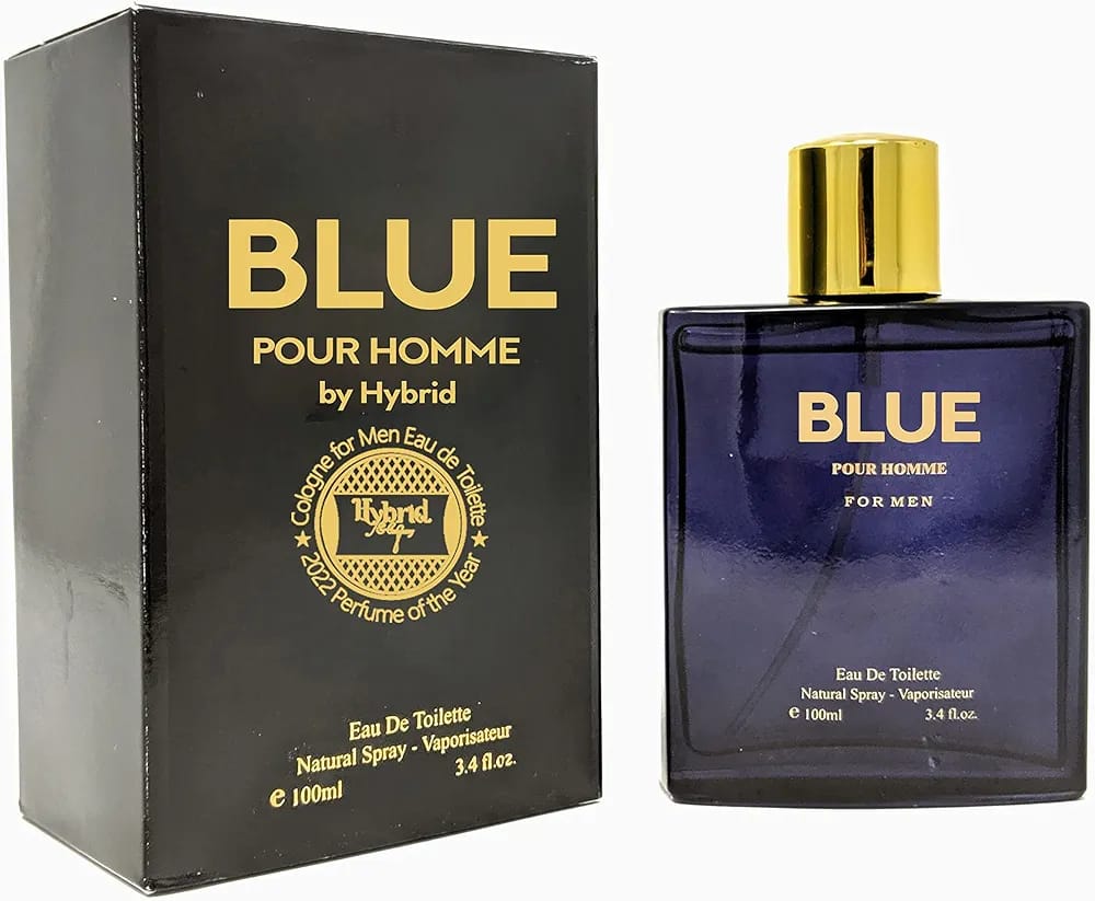 Blue Pour Homme For Men Eau De Toilette perfume bottle with gold cap, 100ml men's fragrance spray in elegant dark blue bottle