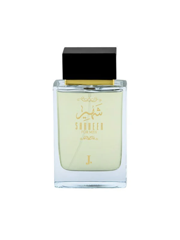 J. Shaheer For Men Eau De Parfum perfume bottle with luxury black and gold packaging.