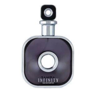 Arman Infinity Eau De Parfum men’s perfume bottle with silver metallic design and dark finish.