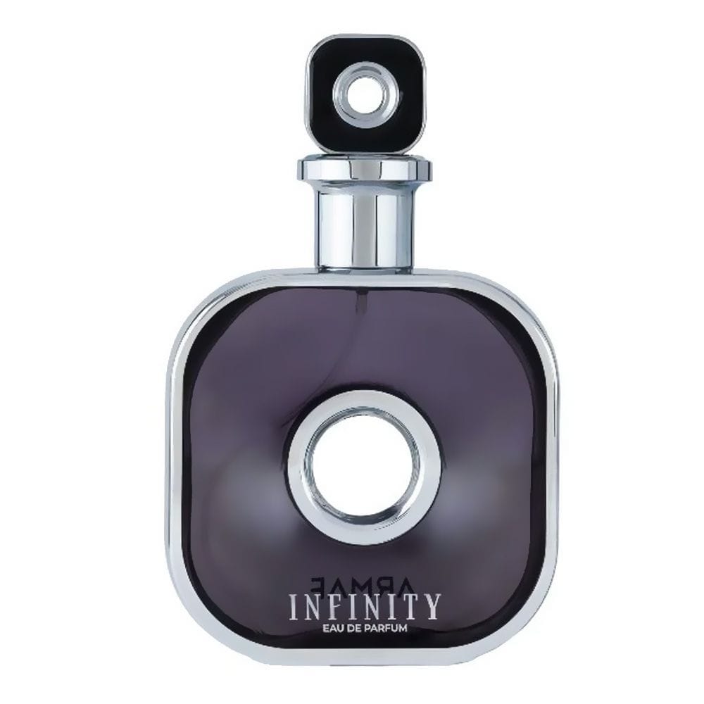 Arman Infinity Eau De Parfum men’s perfume bottle with silver metallic design and dark finish.