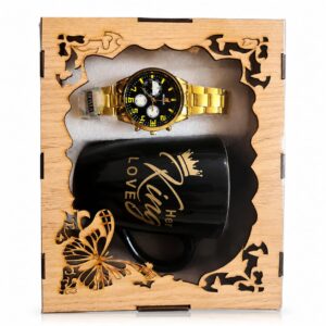 Luxury King Gift Set with Gold Watch and Black Ceramic King Mug in Wooden Gift Box