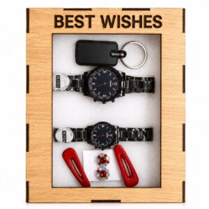 Best Wishes Couple Gift Set with Matching Watches, Keychain, Earrings, Hair Clips and Wooden Gift Box