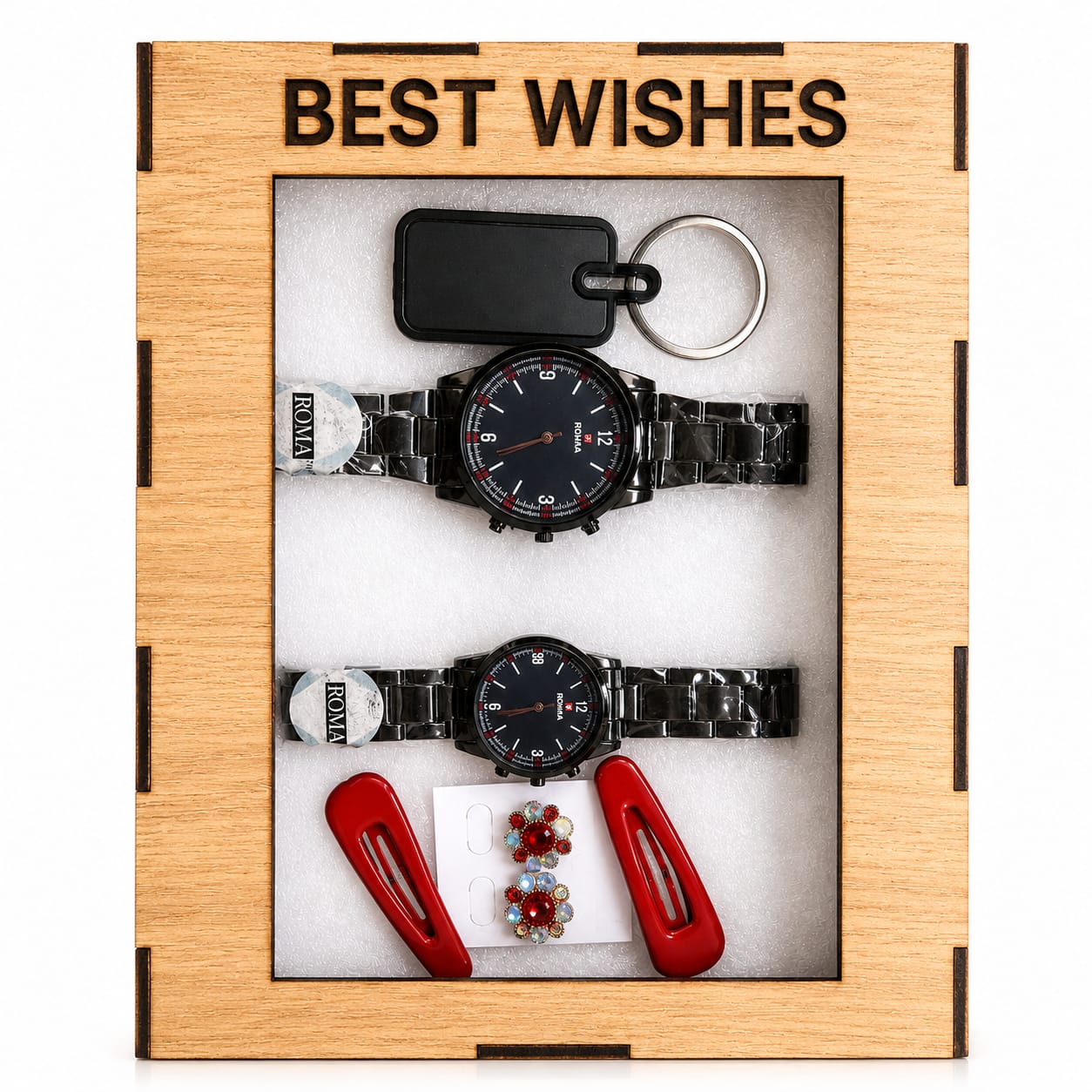 Best Wishes Couple Gift Set with Matching Watches, Keychain, Earrings, Hair Clips and Wooden Gift Box